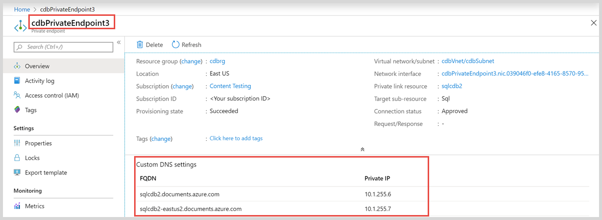 Captura de ecrã de endereços IP privados no portal do Azure