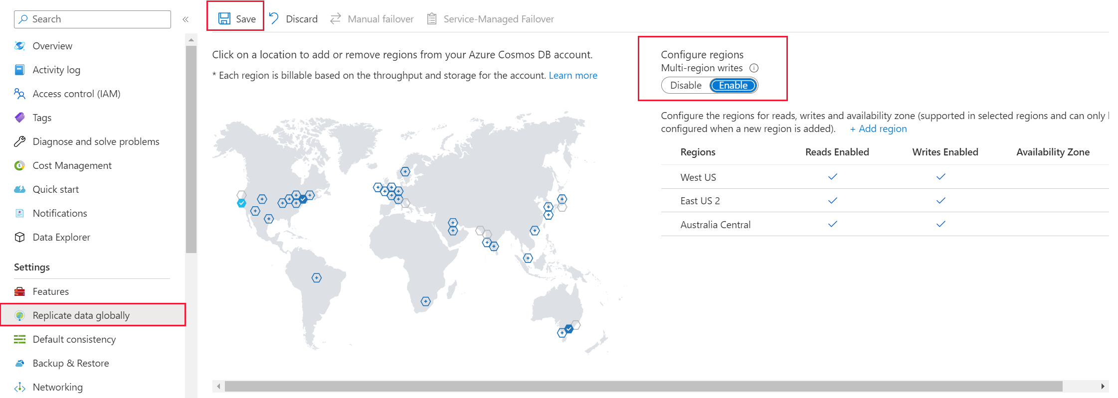 Captura de ecrã do menu Replicar dados globalmente, realçando Configurar regiões e Guardar.