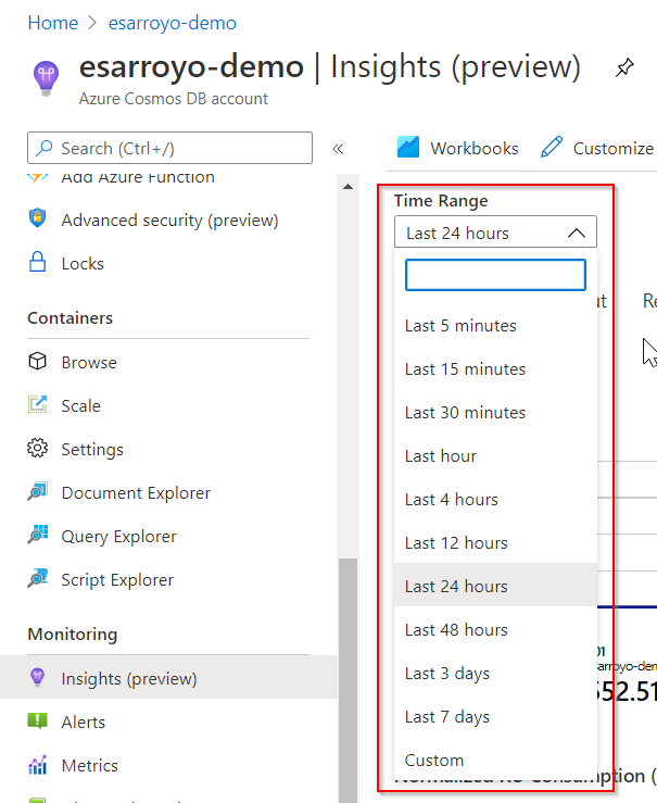 Captura de tela que mostra o Intervalo de Tempo do Azure Cosmos DB.