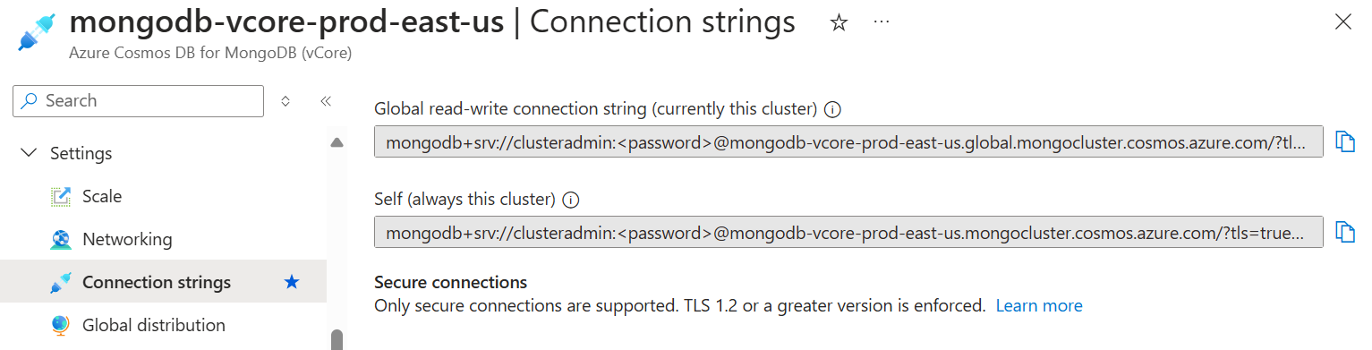 Captura de tela das cadeias de conexão de cluster, um cluster do Azure Cosmos DB para MongoDB (vCore), incluindo cadeia de conexão global de leitura-gravação e cadeia de conexão automática.