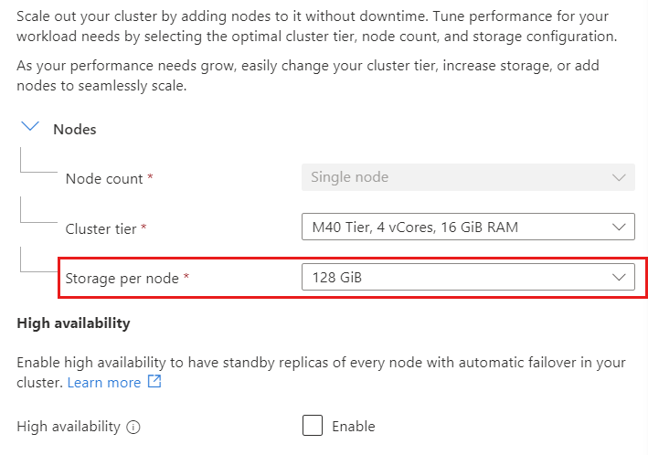 Captura de ecrã da opção de armazenamento por estilhaço na página Escala de um cluster.