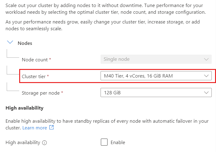 Captura de ecrã da opção de camada de cluster na página Dimensionar de um cluster.