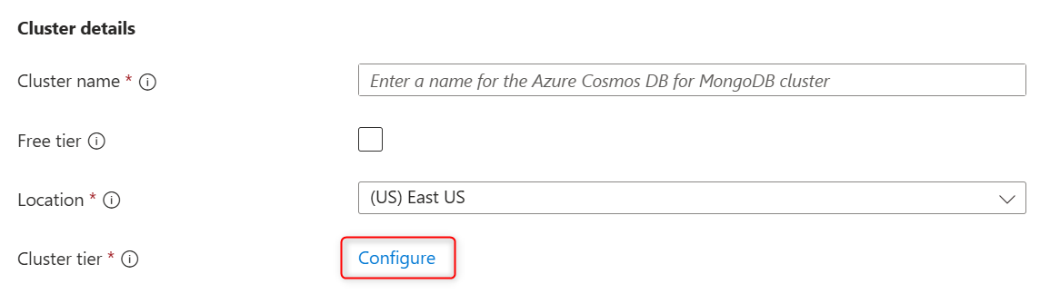 Captura de tela da opção 'configurar cluster' para um novo cluster do Azure Cosmos DB para MongoDB.