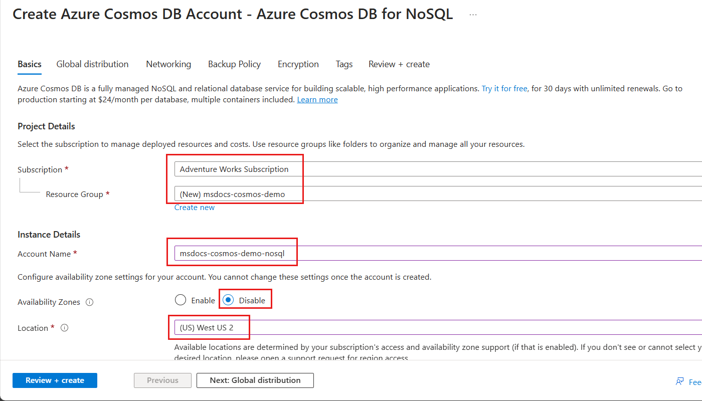 Captura de ecrã do painel 'Básicos' de criação de recursos do Azure Cosmos DB para NoSQL.