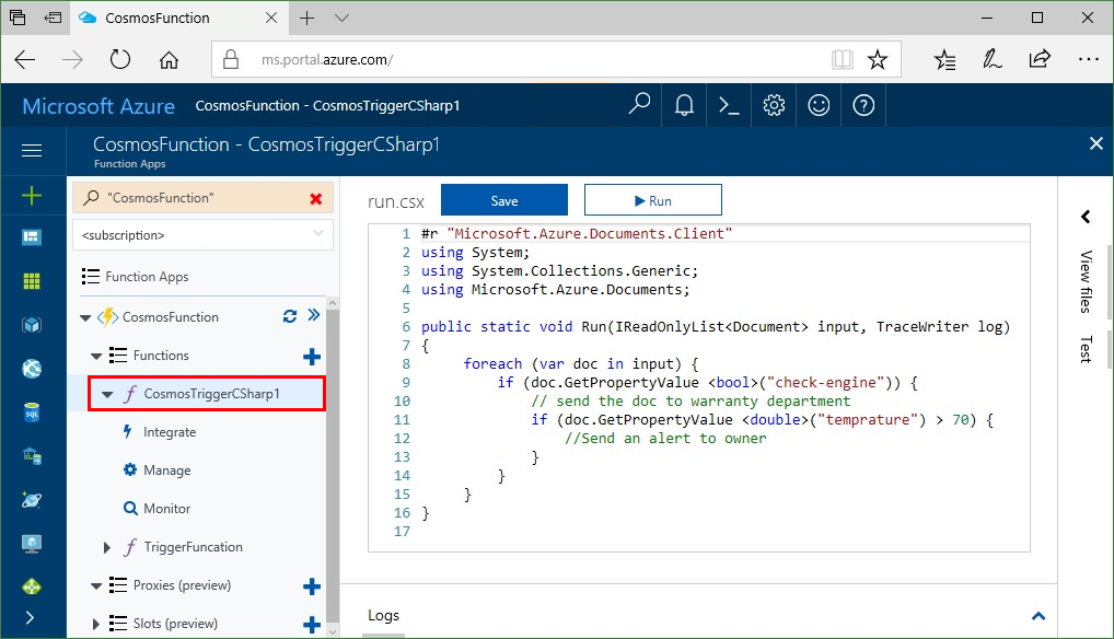 Criar um gatilho do Azure Functions para o Azure Cosmos DB no portal do Azure