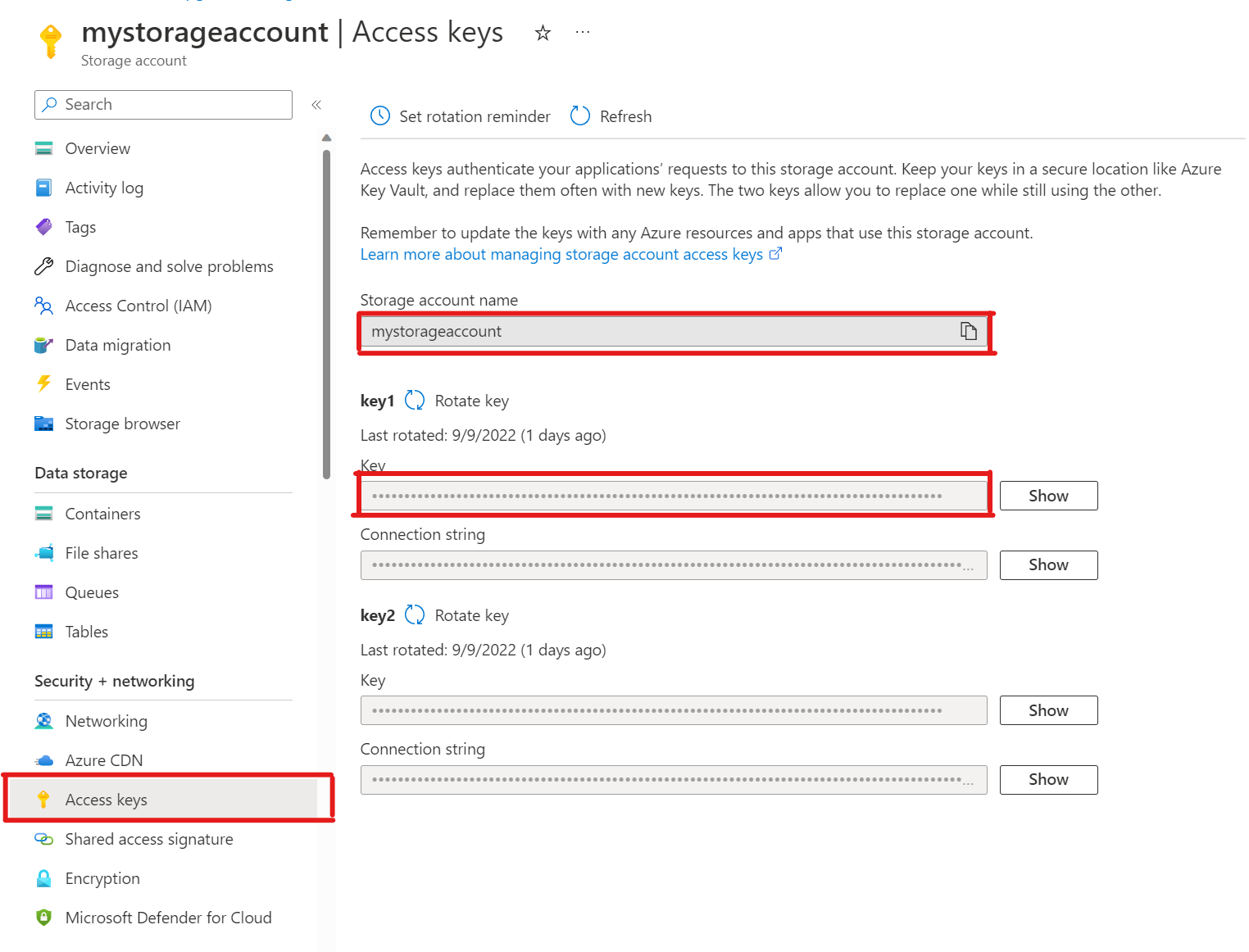 Captura de ecrã da secção Segurança + chaves de acesso de rede > de uma página de Armazenamento de Blobs do Azure no portal do Azure.