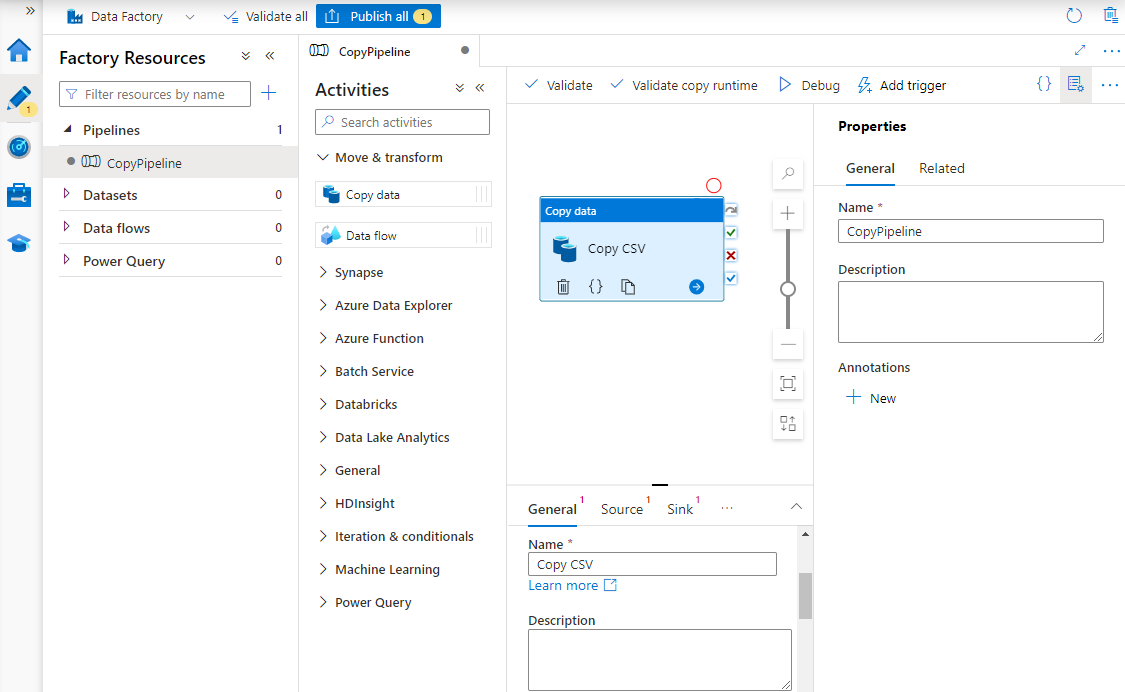 Captura de tela mostrando um pipeline no Azure Data Factory.