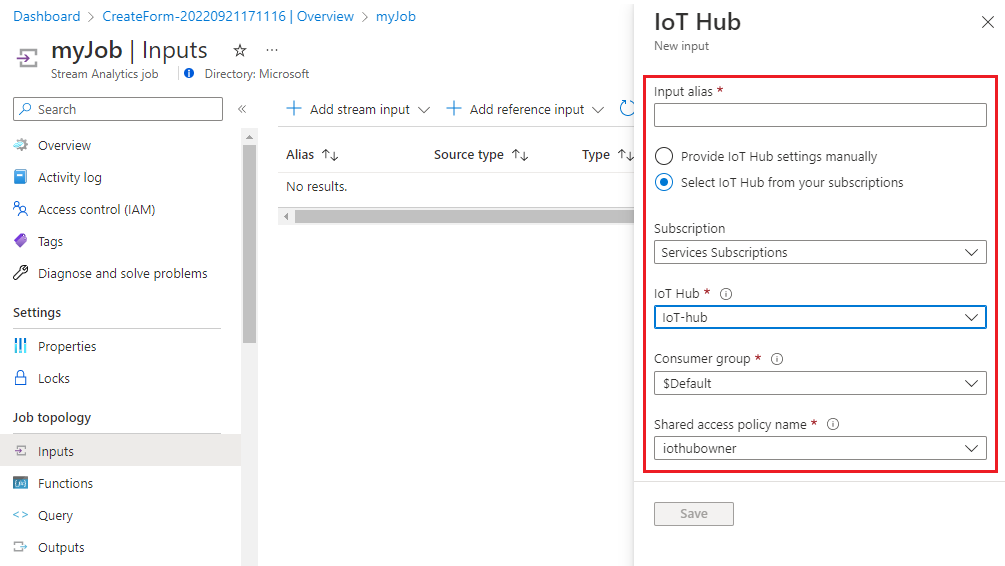 Captura de tela que mostra a configuração da entrada de trabalho no Stream Analytics.