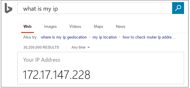 Captura de ecrã da pesquisa do Bing para Qual é o meu IP.