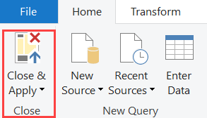 Captura de ecrã do separador Base com a opção Fechar & Aplicar realçada.