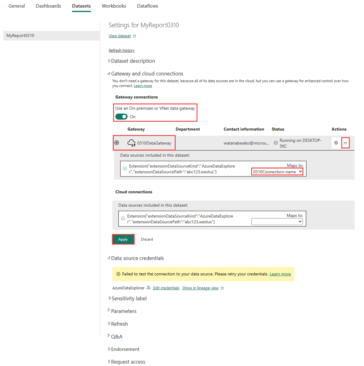 Captura de ecrã a mostrar as definições do conjunto de dados que mostram o gateway configurado e as ligações na cloud.