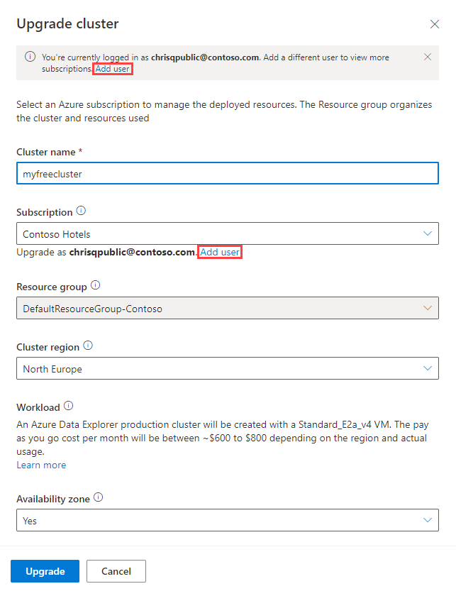 Captura de ecrã a mostrar o painel atualizar cluster, com as opções de adicionar utilizador.