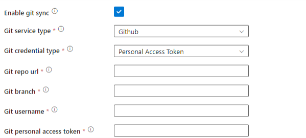 Captura de tela que mostra as opções de credenciais PAT do Git na caixa de diálogo de configuração do ambiente Airflow que aparece durante a criação de um tempo de execução de integração do AWorkflow Orchestration Manager.