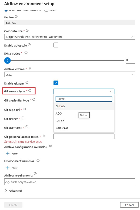 Captura de tela que mostra a lista suspensa de seleção de tipo de serviço Git na caixa de diálogo de configuração do ambiente que aparece durante a criação de um tempo de execução de integração do Workflow Orchestration Manager.