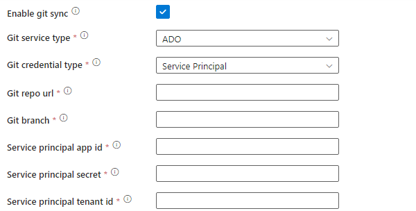 Captura de tela que mostra as opções de credenciais do Git SPN na caixa de diálogo de configuração do ambiente Airflow que aparece durante a criação de um tempo de execução de integração do Workflow Orchestration Manager.