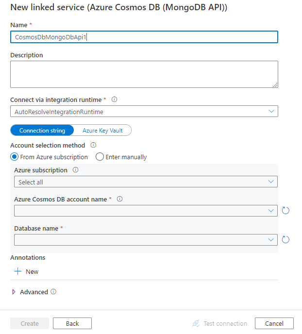 Configure um serviço vinculado ao Azure Cosmos DB para MongoDB.