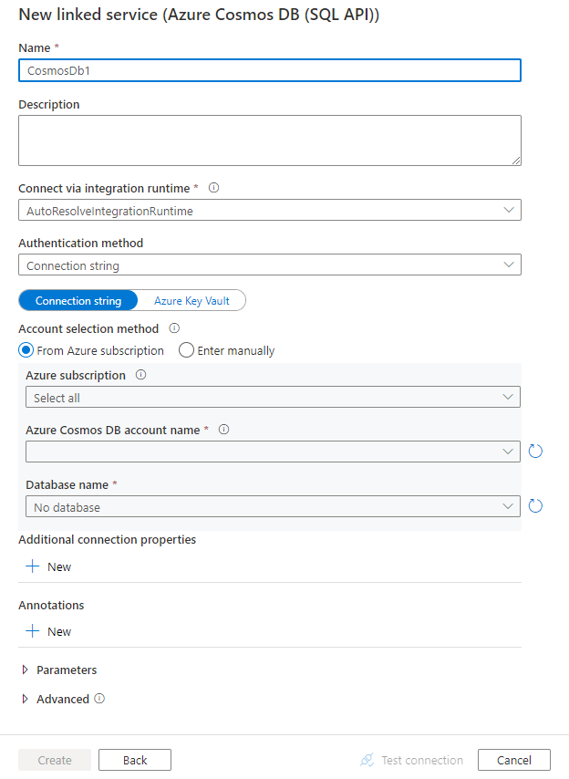 Captura de tela da configuração do serviço vinculado para o Azure Cosmos DB.