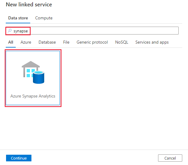 Captura de ecrã do conector do Azure Synapse Analytics.