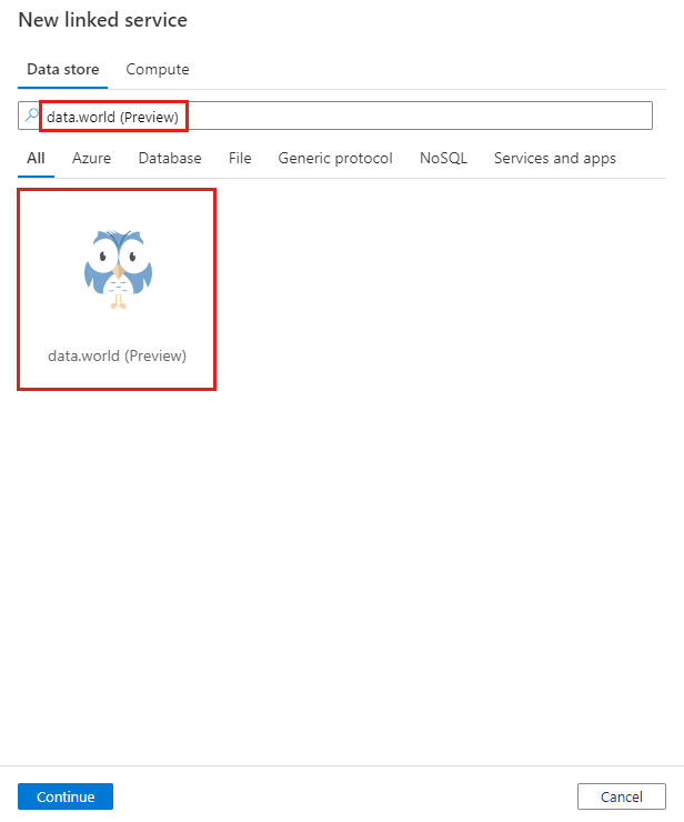 Captura de tela mostrando a seleção data.world conector.