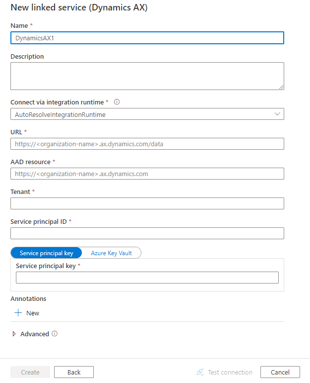 Configure um serviço vinculado ao Dynamics AX.