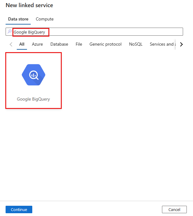 Captura de ecrã do conector do Google BigQuery.