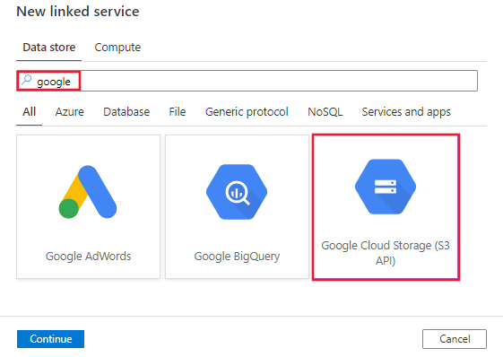 Selecione o conector do Google Cloud Storage (API do S3).