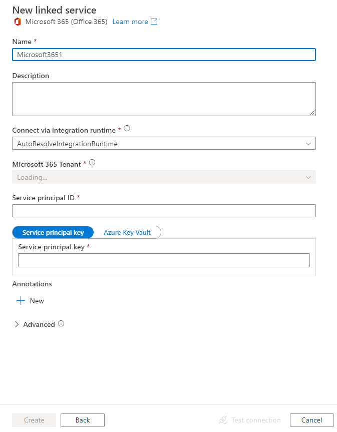 Captura de tela da configuração do serviço vinculado para o Microsoft 365 (Office 365).