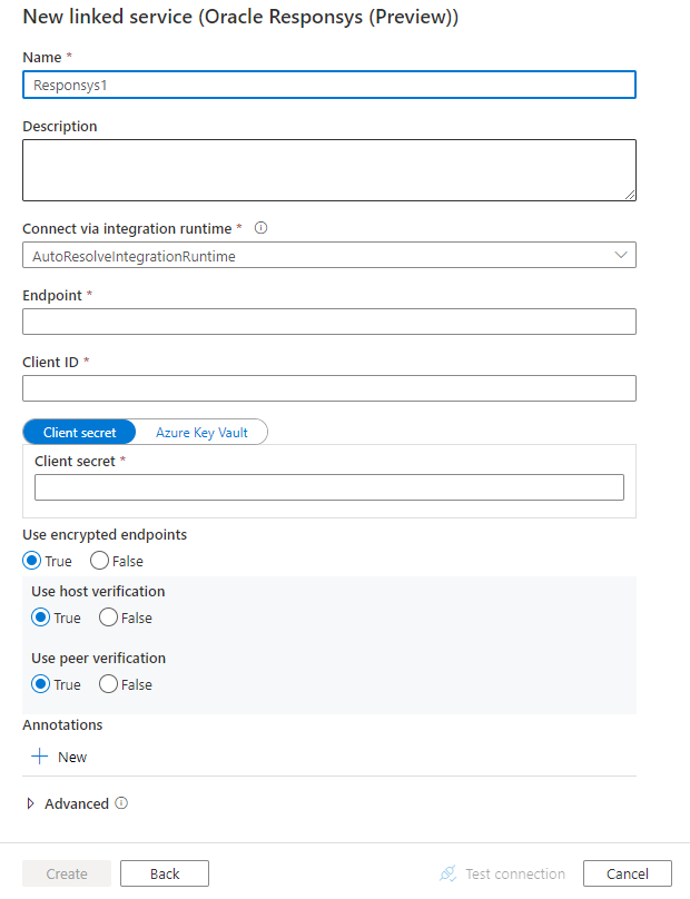 Captura de tela da configuração do serviço vinculado para Oracle Responsys.