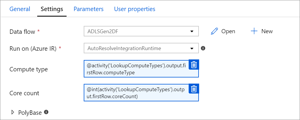 Exemplo de parâmetro de fluxo de dados Execute