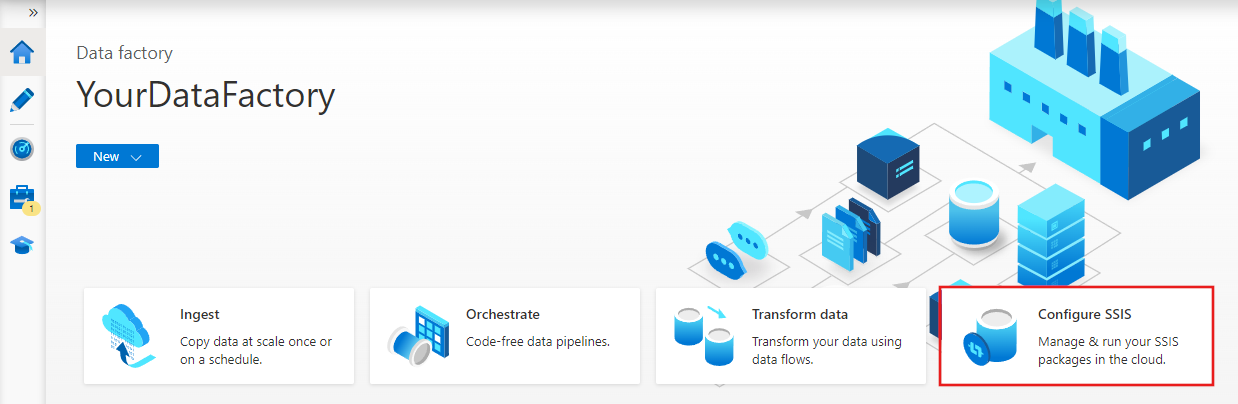 Captura de ecrã que mostra a home page do Azure Data Factory.