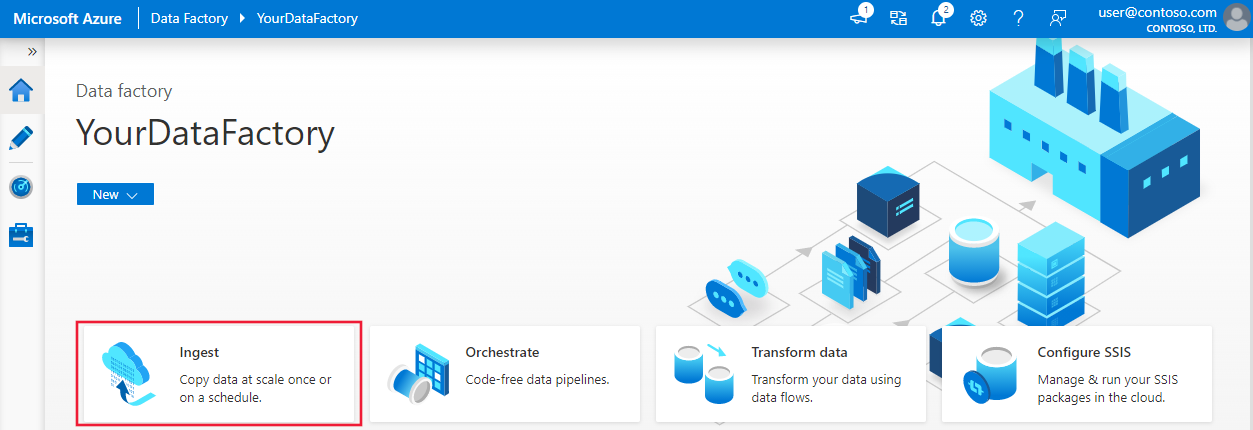 Captura de ecrã que mostra a home page do Azure Data Factory.