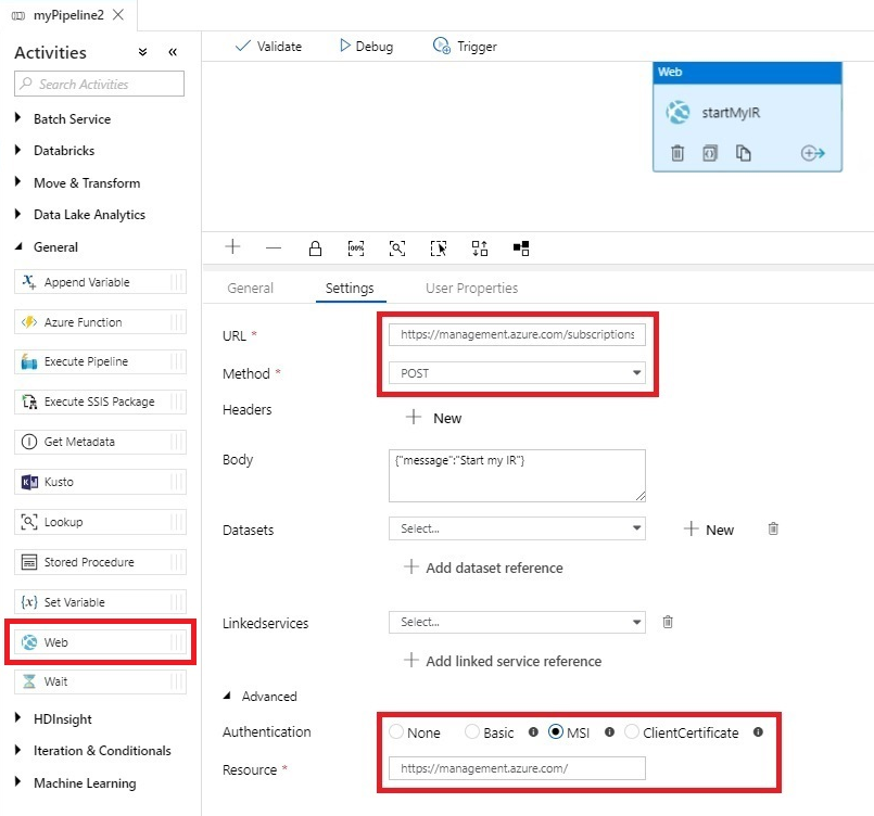 Captura de tela que mostra as configurações de uma agenda de atividade da Web IR do Azure Data Factory SSIS.