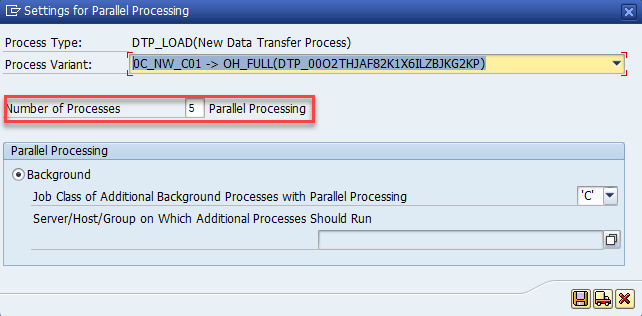 A captura de tela mostra Configurações para processamento paralelo onde você pode selecionar o número de processos paralelos para o D T P.