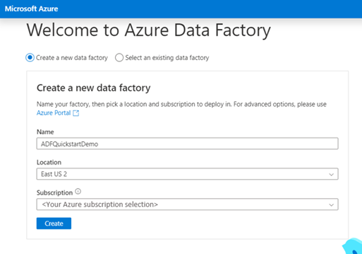 Mostra uma captura de tela da página do Azure Data Factory Studio para criar um novo data factory.