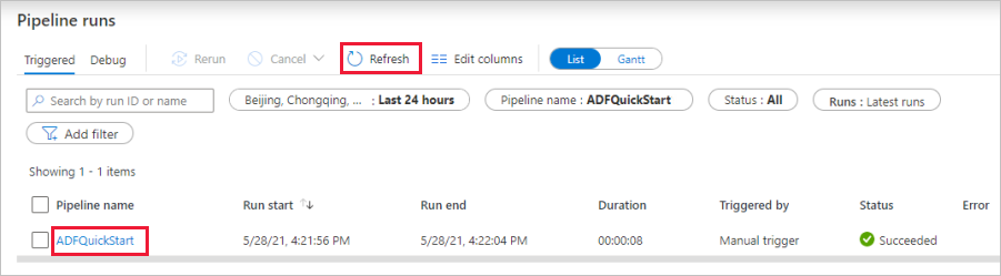 Captura de tela que mostra o botão de pipeline de atualização.