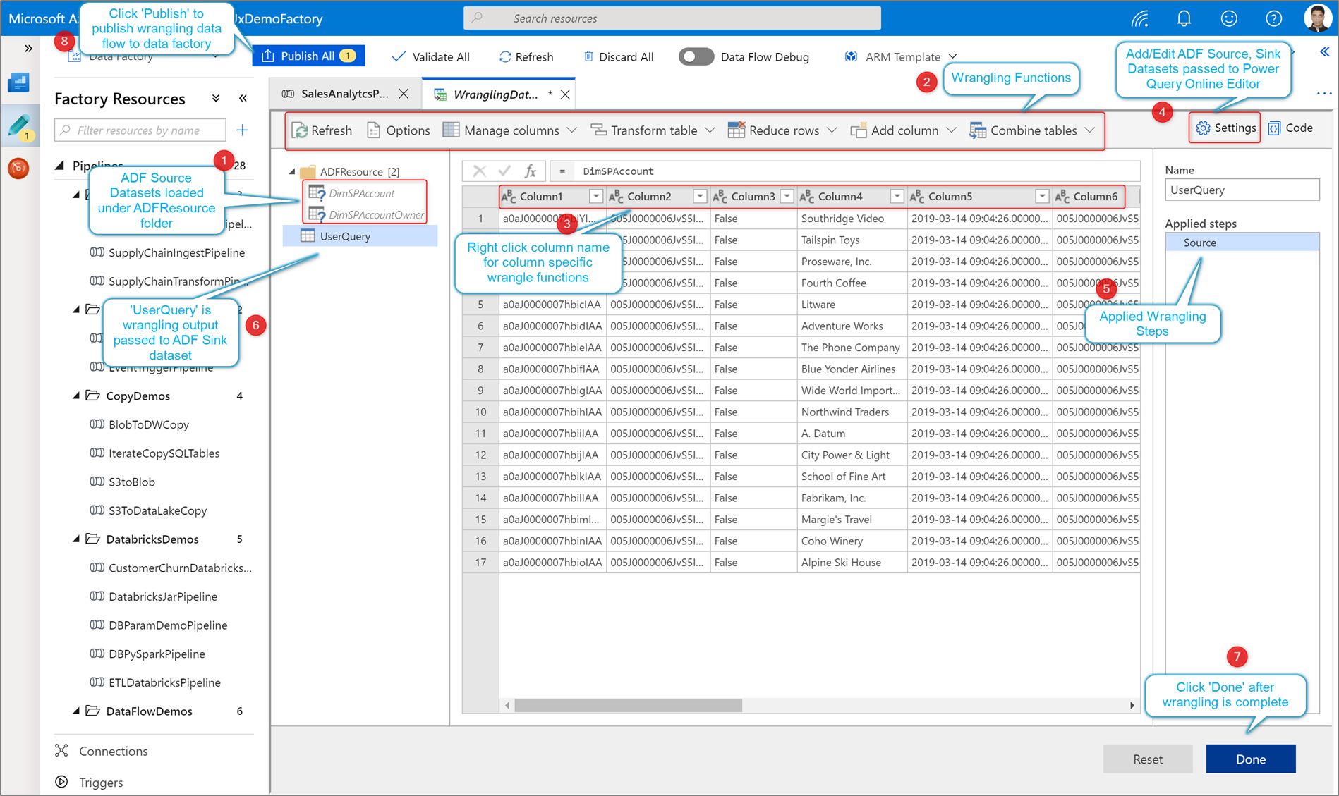 Captura de ecrã que mostra o processo de criação dos seus dados de disputa do Power Query.