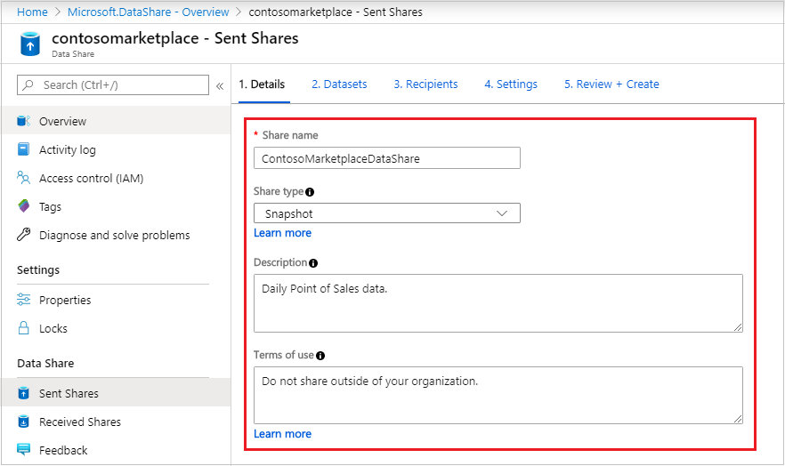 Captura de ecrã da página de criação de partilha na Partilha de Dados do Azure, mostrando o nome, tipo, descrição e termos de utilização da partilha preenchidos.