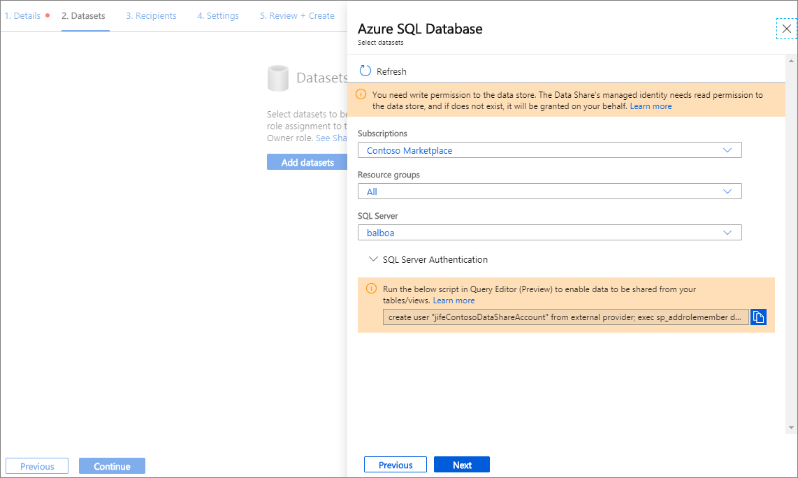 Captura de ecrã a mostrar a janela do conjunto de dados da Base de Dados SQL do Azure com um servidor SQL selecionado.