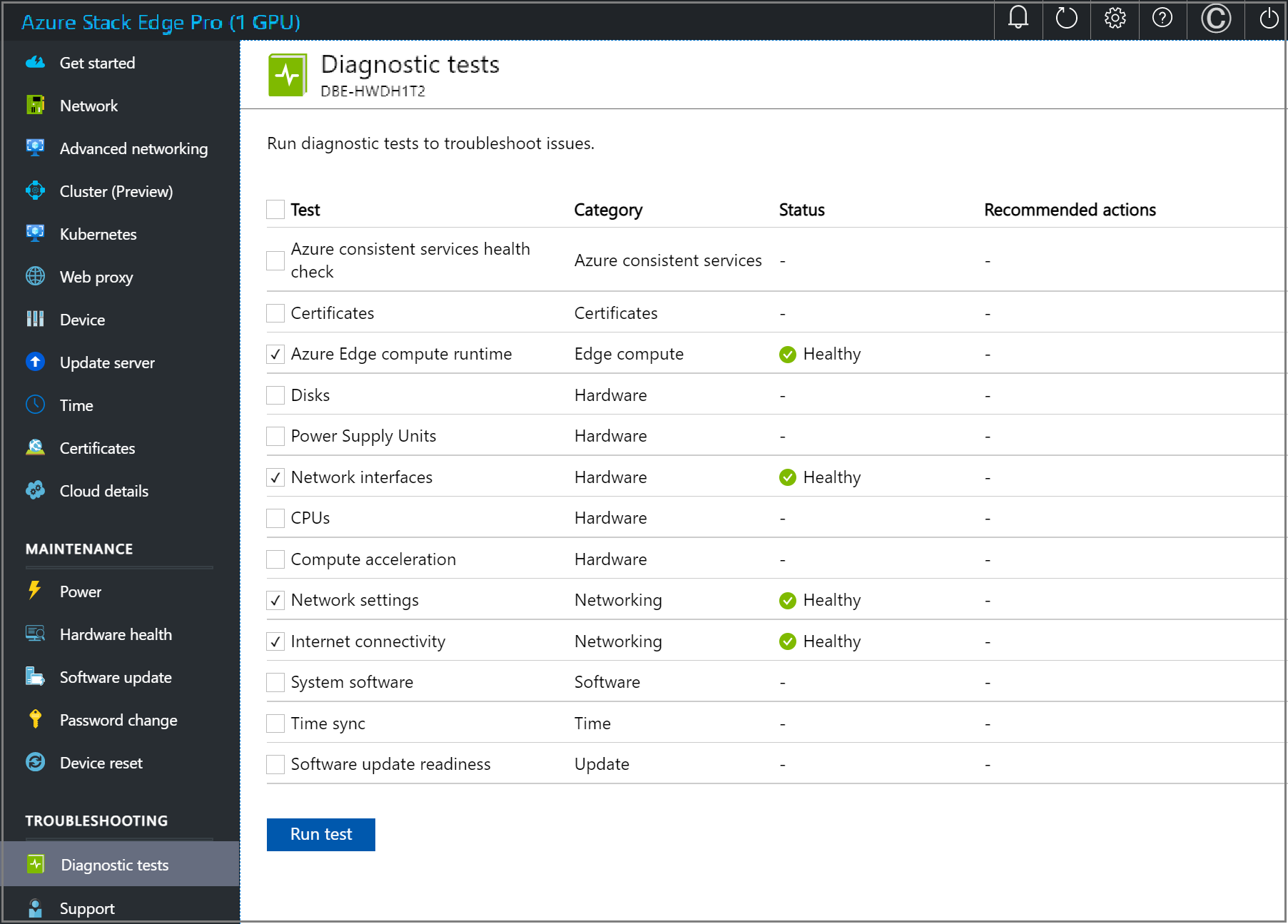 Captura de ecrã da página Resultados dos testes de diagnóstico na IU Web local de um dispositivo Azure Stack Edge.