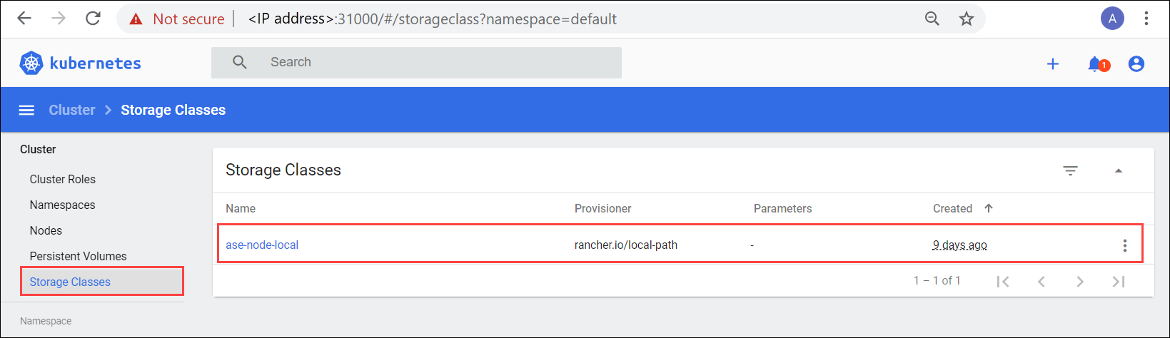 Classe de armazenamento integrada no painel do Kubernetes