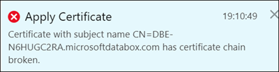 Captura de tela mostrando o erro Aplicar Certificado quando um certificado de Ponto de Extremidade é carregado sem carregar primeiro um certificado de Cadeia de Assinatura em um dispositivo Azure Stack Edge.