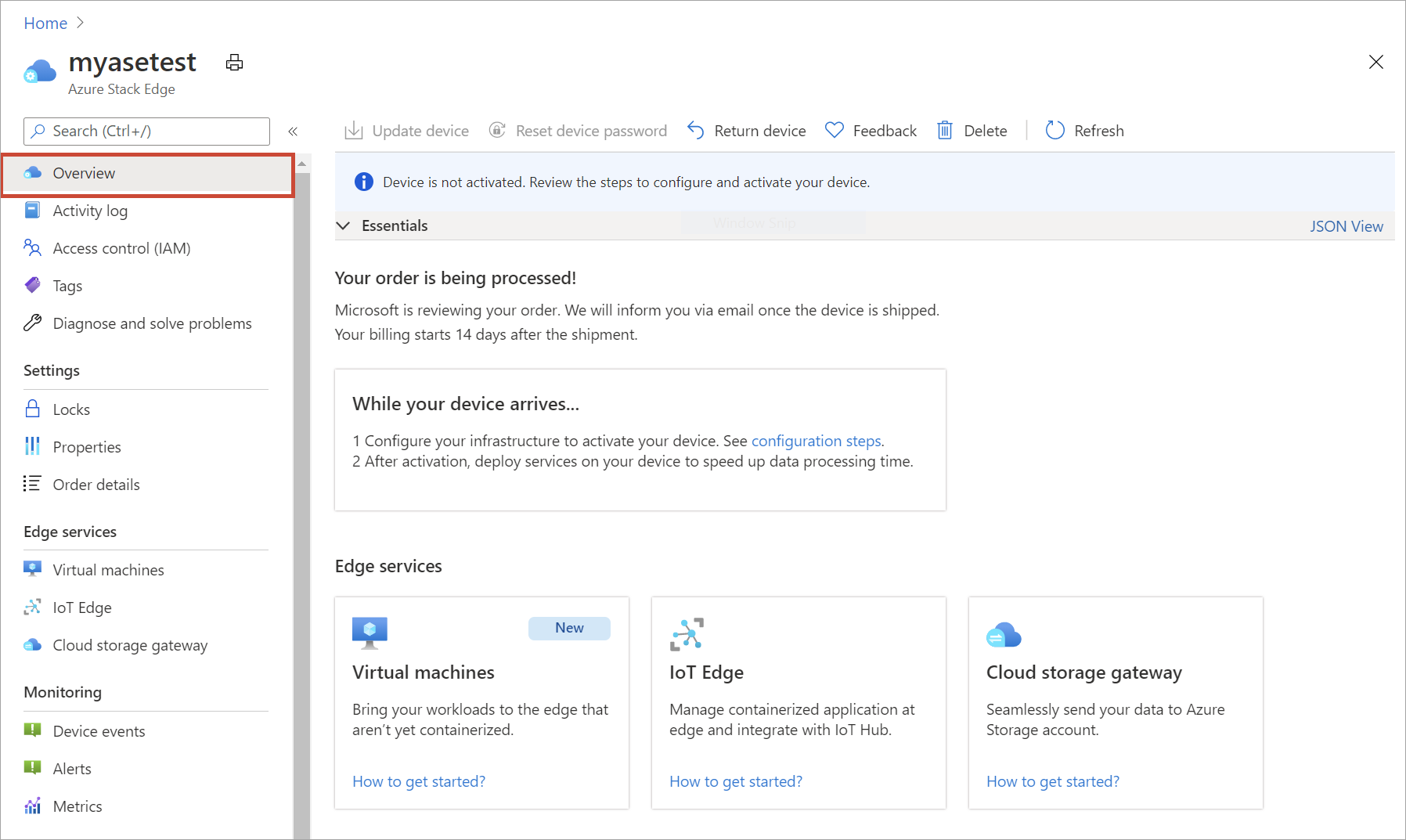 Captura de tela do painel Visão geral de um recurso do Azure Stack Edge.