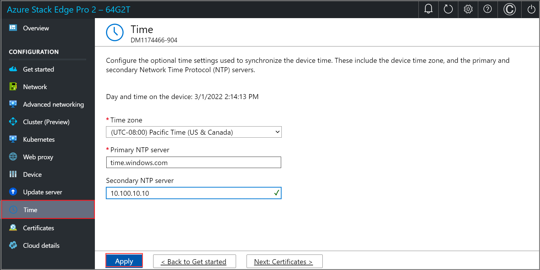 Captura de ecrã da página Hora na IU Web local de um dispositivo Azure Stack Edge. O botão Aplicar está realçado.