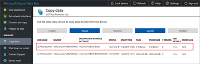 Captura de ecrã da página Copiar Dados a realçar a localização da caixa de verificação utilizada para selecionar um Trabalho de cópia.