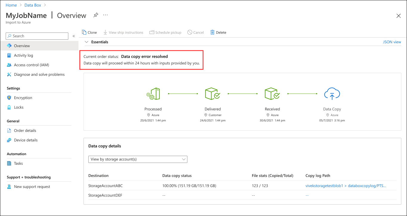 Captura de ecrã de uma encomenda do Data Box com o estado Data Copy Resolved (Cópia de dados resolvida). O status do pedido e o cronograma para prosseguir são destacados.