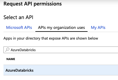 Adicionar permissão da API AzureDatabricks