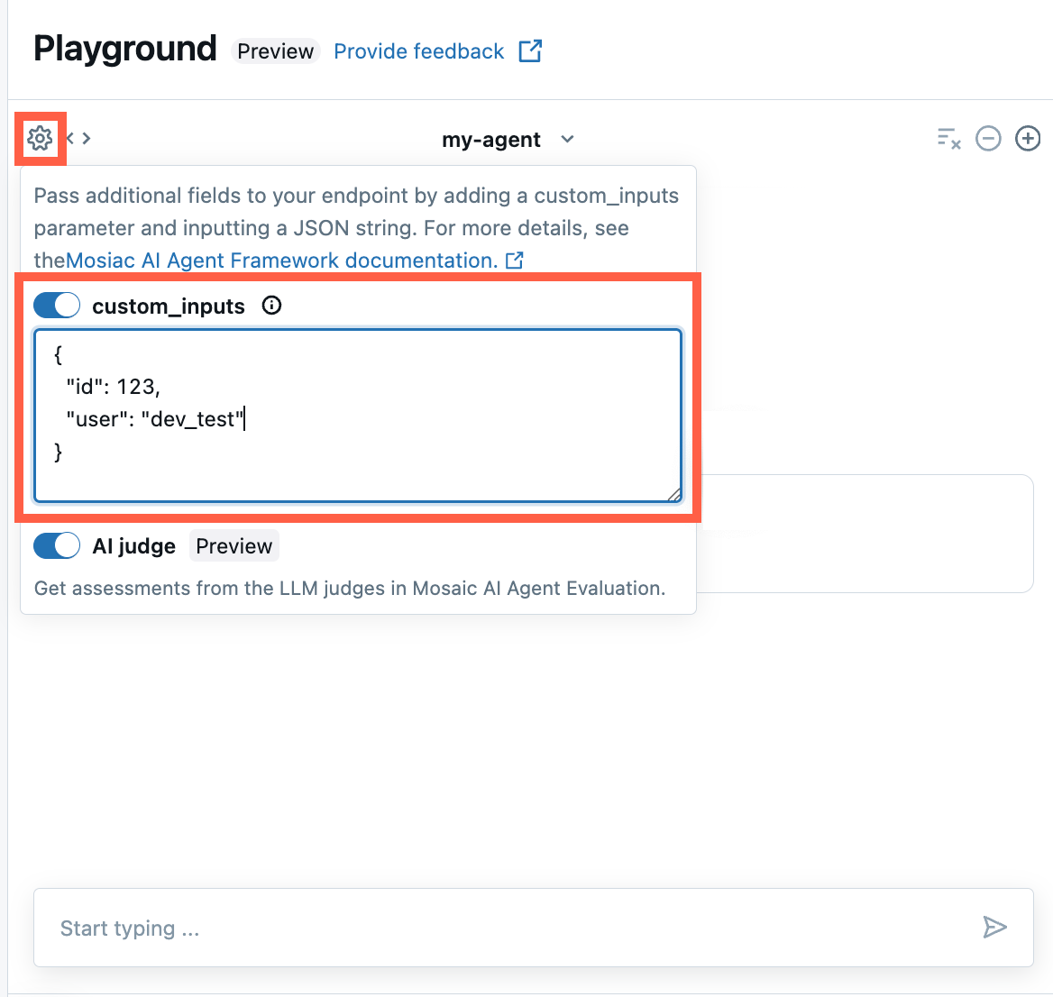 Forneça custom_inputs no playground de IA.
