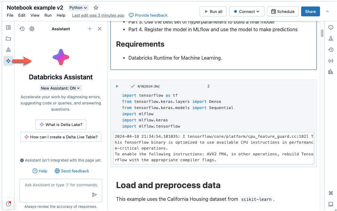 Ícone do assistente Databricks e localização do painel