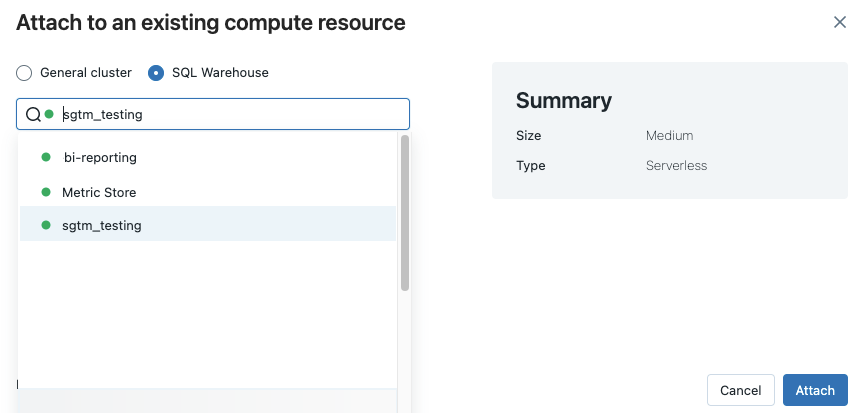 mais caixa de diálogo de cluster com o SQL warehouse selecionado