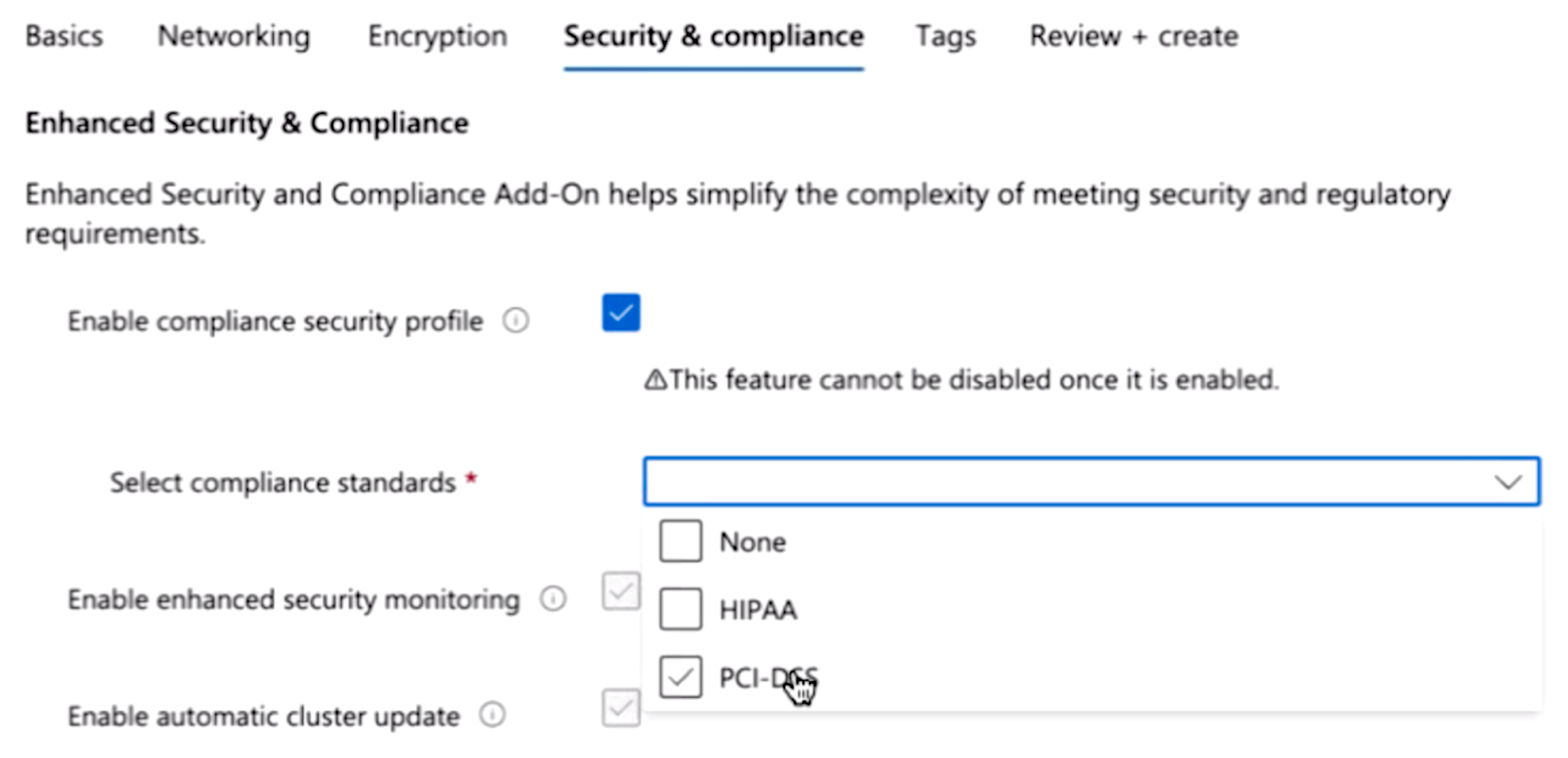 Recursos complementares de Segurança e Conformidade Aprimoradas no portal do Azure para novos espaços de trabalho.